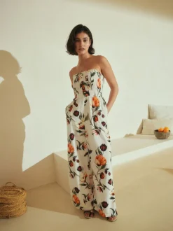 Cream/Red Floral Bandeau Jumpsuit with Linen