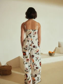 Cream/Red Floral Bandeau Jumpsuit with Linen