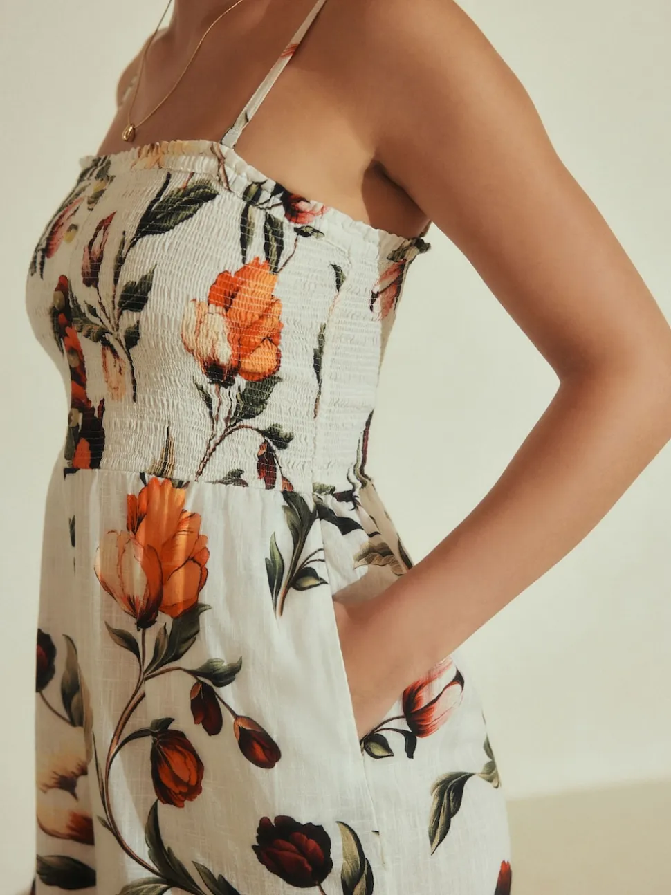 Cream/Red Floral Bandeau Jumpsuit with Linen