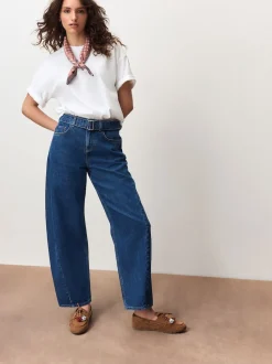 Dark Blue Belted Barrel Jeans