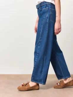 Dark Blue Belted Barrel Jeans