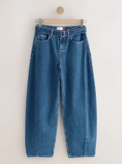 Dark Blue Belted Barrel Jeans