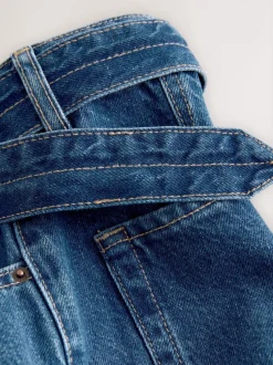 Dark Blue Belted Barrel Jeans