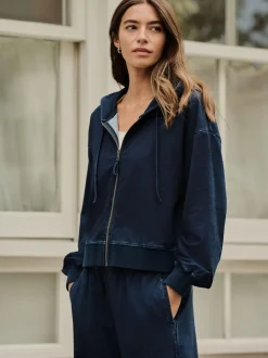 Dark Blue Denim Jersey Zip Through Hoodie