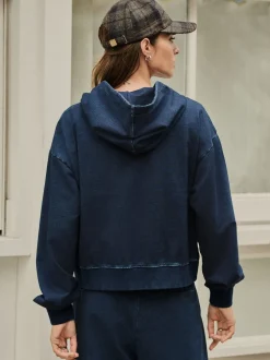 Dark Blue Denim Jersey Zip Through Hoodie