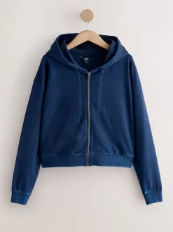 Dark Blue Denim Jersey Zip Through Hoodie