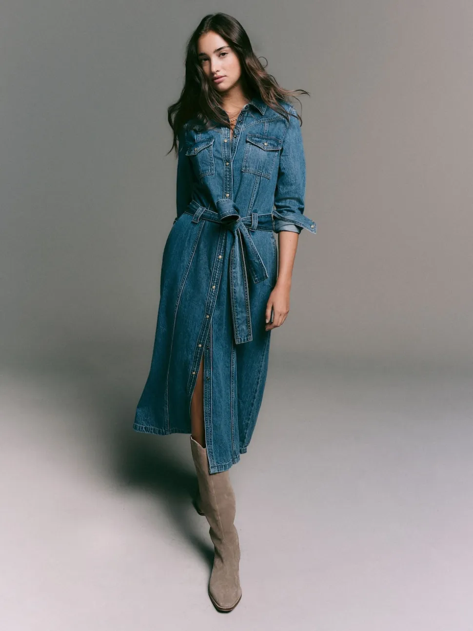 Dark Blue Denim Midi Shirt Dress