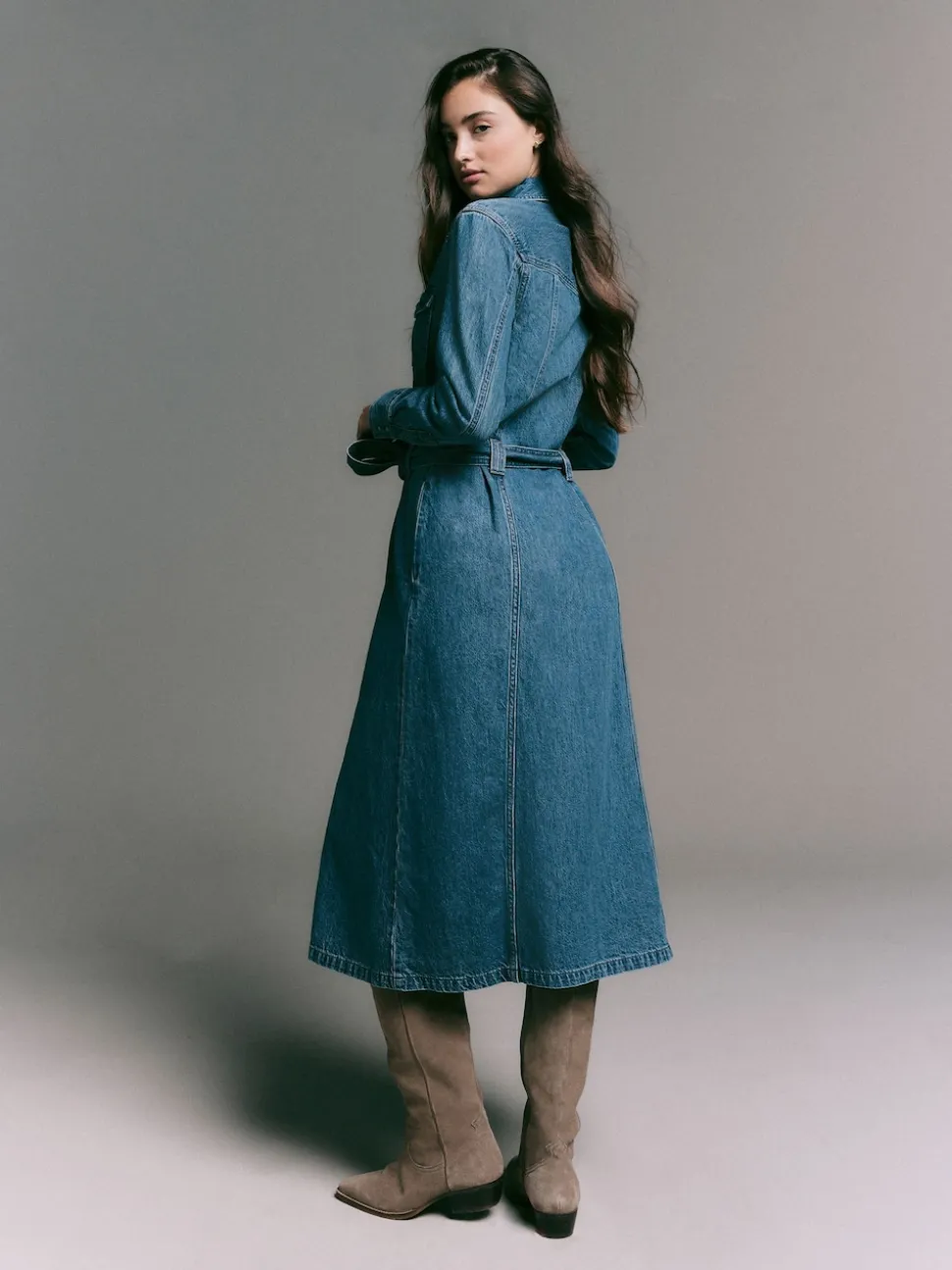Dark Blue Denim Midi Shirt Dress