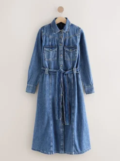 Dark Blue Fuller Bust Denim Midi Shirt Dress