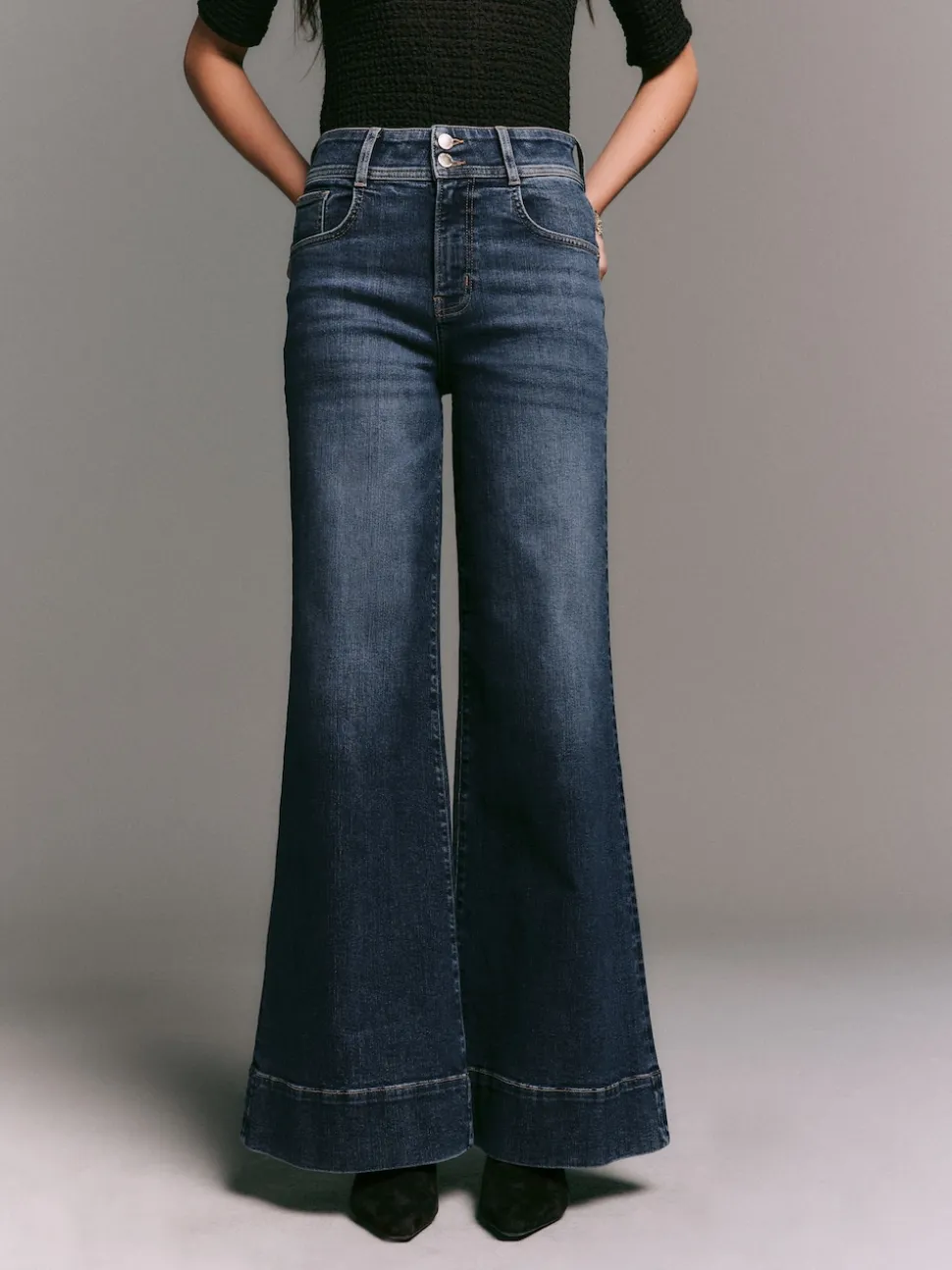 Dark Blue High Rise Stretch Wide Leg Jeans