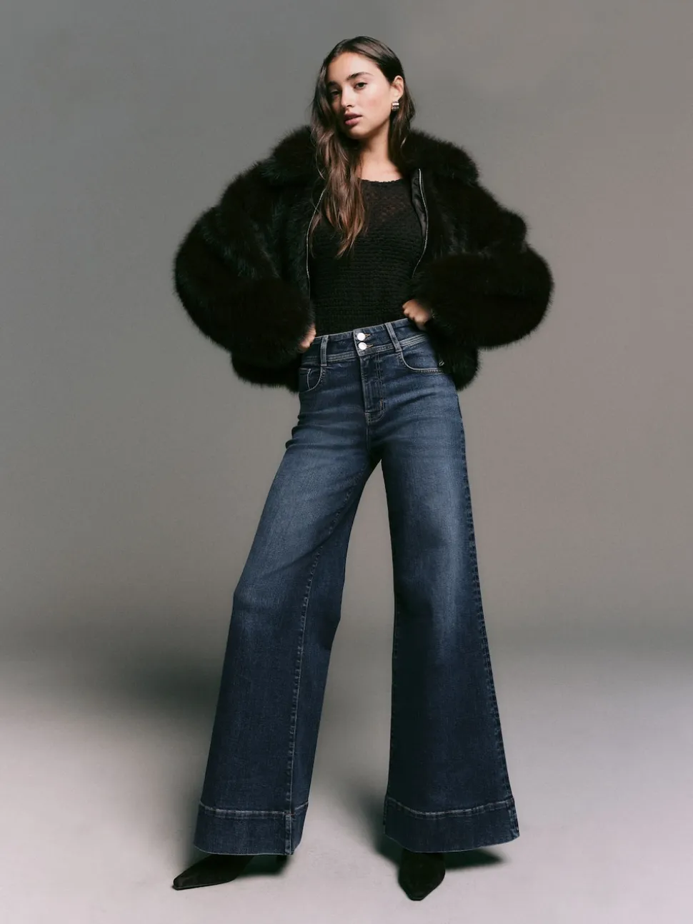 Dark Blue High Rise Stretch Wide Leg Jeans