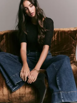 Dark Blue High Rise Stretch Wide Leg Jeans
