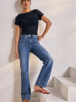 Dark Blue Patch Pocket Wide Leg Jeans
