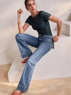 Dark Blue Patch Pocket Wide Leg Jeans