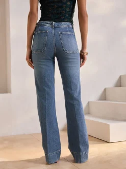 Dark Blue Patch Pocket Wide Leg Jeans