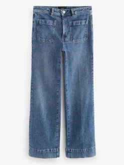 Dark Blue Patch Pocket Wide Leg Jeans