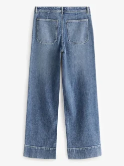 Dark Blue Patch Pocket Wide Leg Jeans
