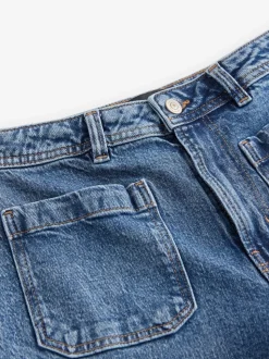 Dark Blue Patch Pocket Wide Leg Jeans