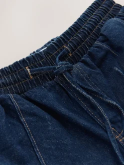 Dark Blue Pintuck Wide Leg Denim Joggers