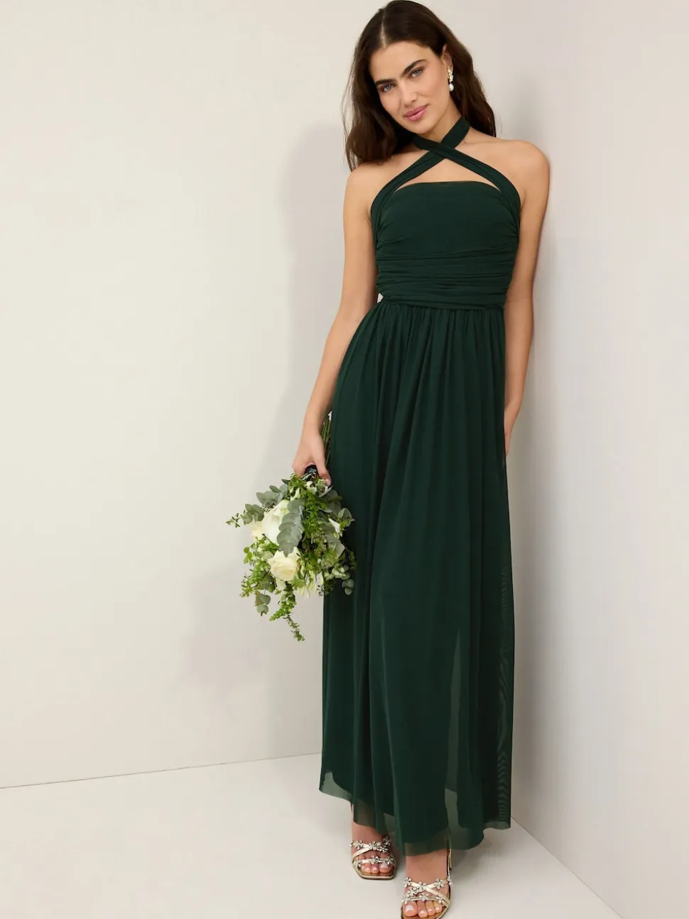 Dark Green Mesh Multiway Wedding Guest Bridesmaid Maxi Dress