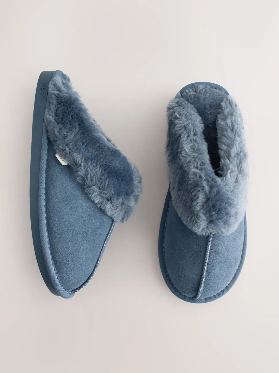 Denim Blue Faux Fur Lined Suede Mule Slippers