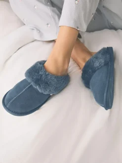 Denim Blue Faux Fur Lined Suede Mule Slippers