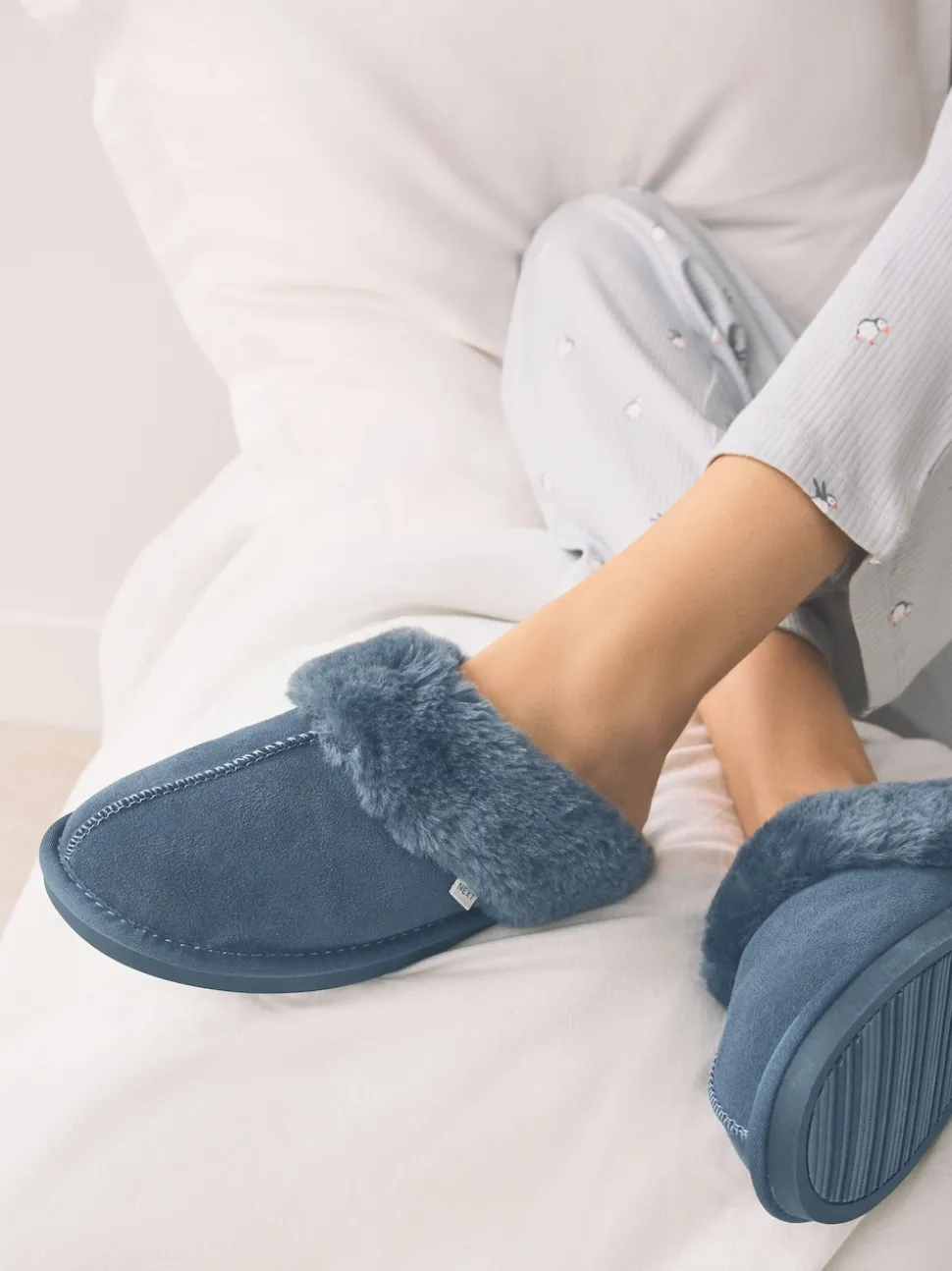 Denim Blue Faux Fur Lined Suede Mule Slippers