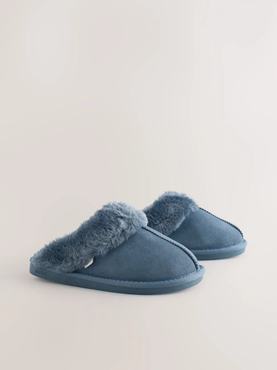 Denim Blue Faux Fur Lined Suede Mule Slippers