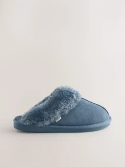 Denim Blue Faux Fur Lined Suede Mule Slippers