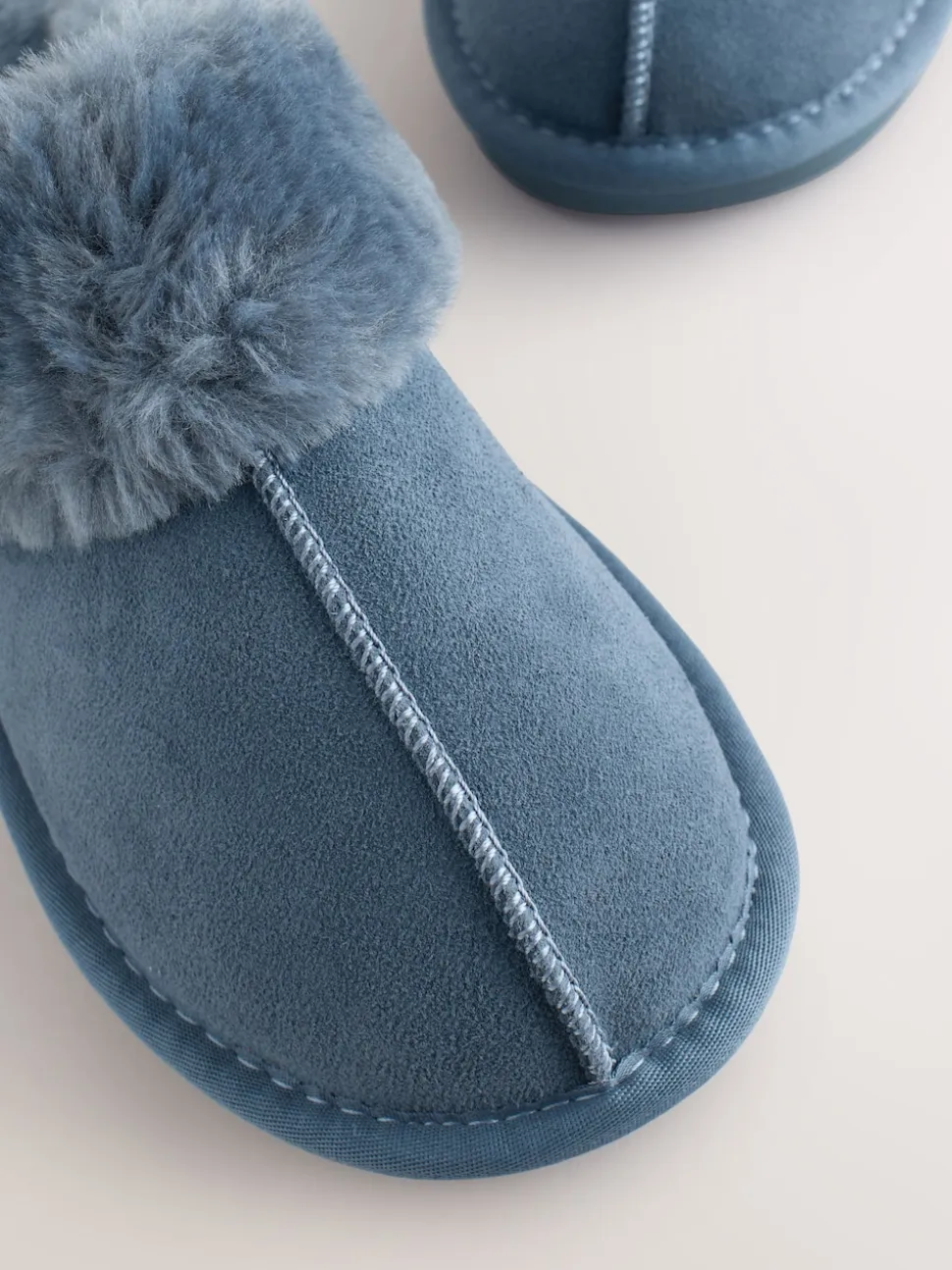 Denim Blue Faux Fur Lined Suede Mule Slippers