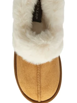 Dunlop Brown Faux Suede Collar Full Slippers