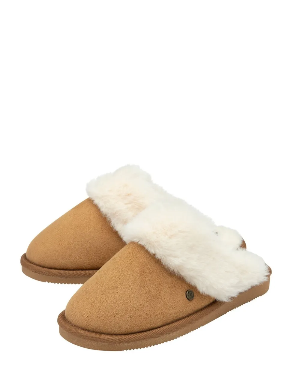 Dunlop Brown Faux Suede Mule Slippers Fur Collar