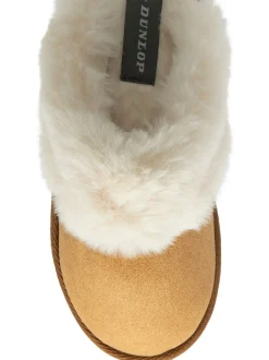 Dunlop Brown Faux Suede Mule Slippers Fur Collar