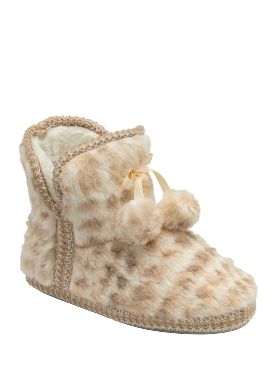 Dunlop Cream Faux Bootie Pom Pom Slippers