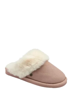 Dunlop Pink Faux Suede Mule Slippers Fur Collar
