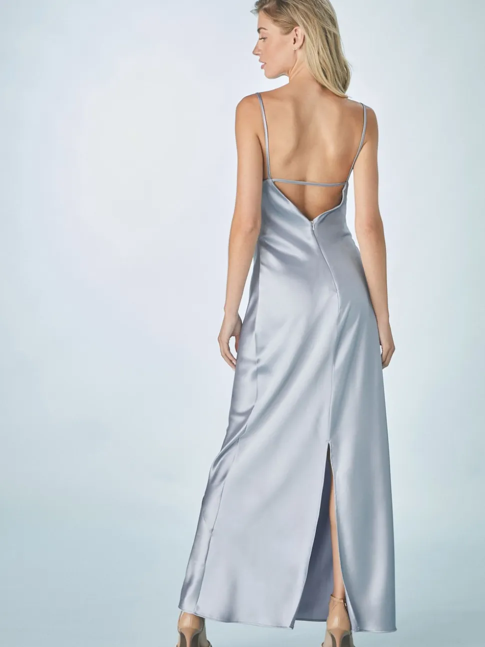 Dusky Blue Satin Cowl Neck Wedding Guest Bridesmaid Maxi Dress