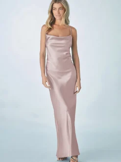 Dusky Pink Satin Cowl Neck Wedding Guest Bridesmaid Maxi Dress
