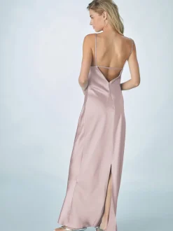 Dusky Pink Satin Cowl Neck Wedding Guest Bridesmaid Maxi Dress