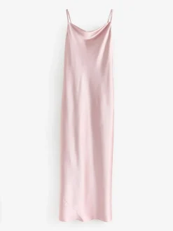Dusky Pink Satin Cowl Neck Wedding Guest Bridesmaid Maxi Dress