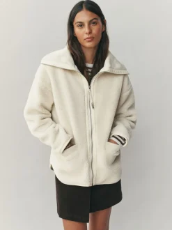 Ecru Borg Zip Through Fleece With Rib Collar