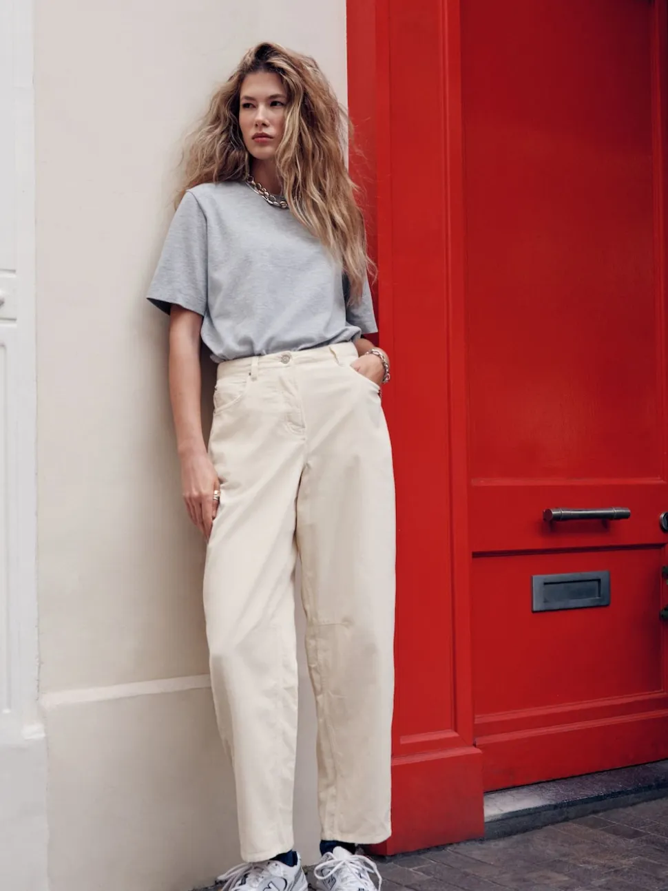 Ecru Cord Barrel Leg Trousers