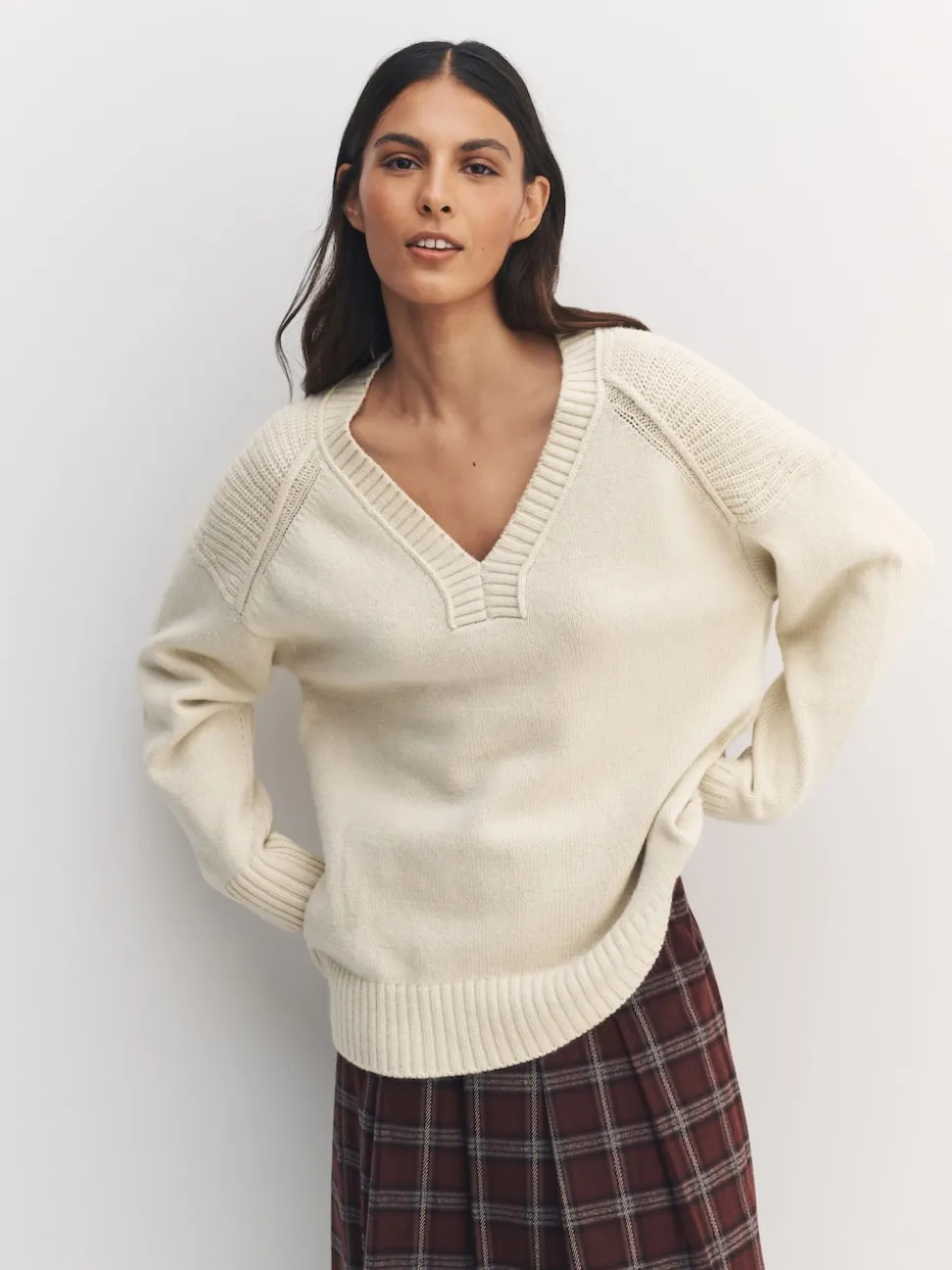 Ecru Cotton And Wool Blend Longline V-Neck Jumper
