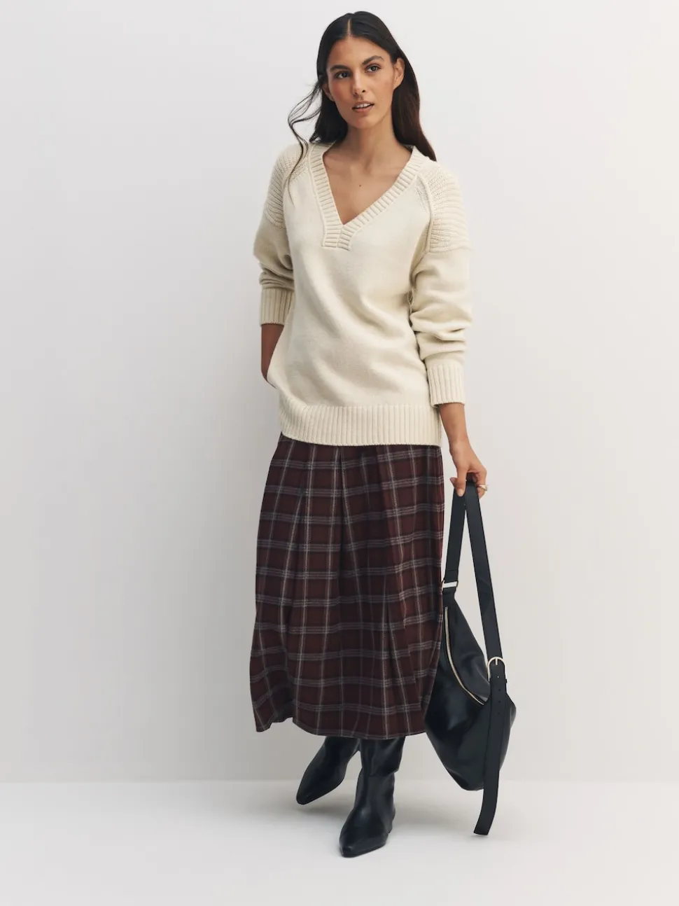 Ecru Cotton And Wool Blend Longline V-Neck Jumper