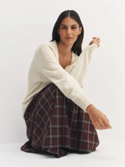 Ecru Cotton And Wool Blend Longline V-Neck Jumper