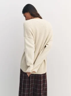 Ecru Cotton And Wool Blend Longline V-Neck Jumper