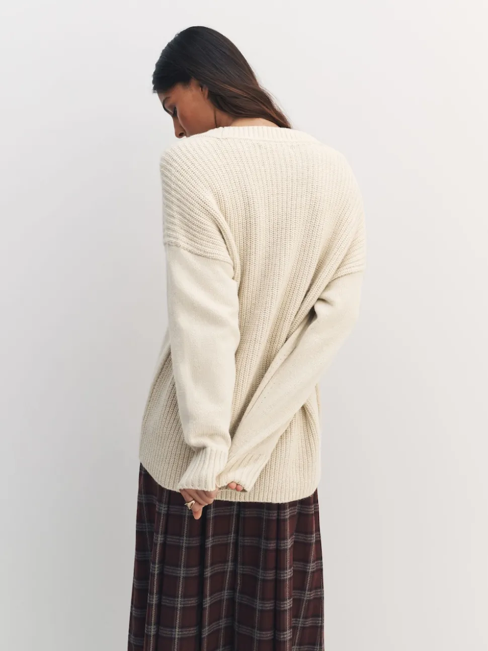 Ecru Cotton And Wool Blend Longline V-Neck Jumper