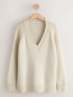 Ecru Cotton And Wool Blend Longline V-Neck Jumper