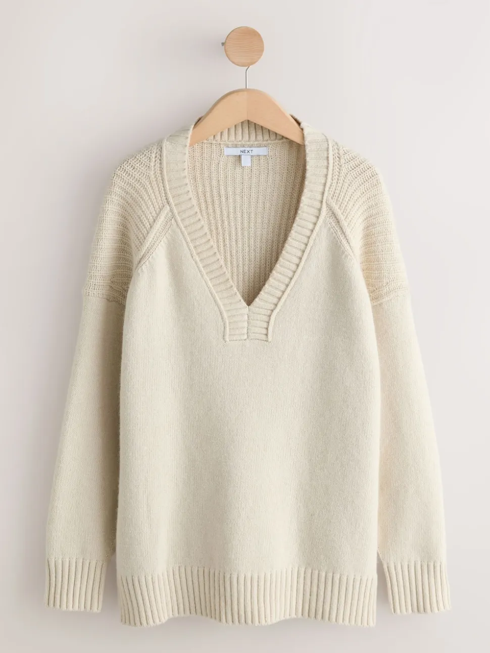 Ecru Cotton And Wool Blend Longline V-Neck Jumper