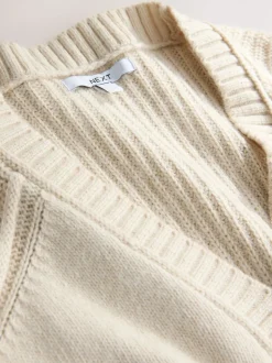 Ecru Cotton And Wool Blend Longline V-Neck Jumper