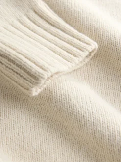 Ecru Cotton And Wool Blend Longline V-Neck Jumper